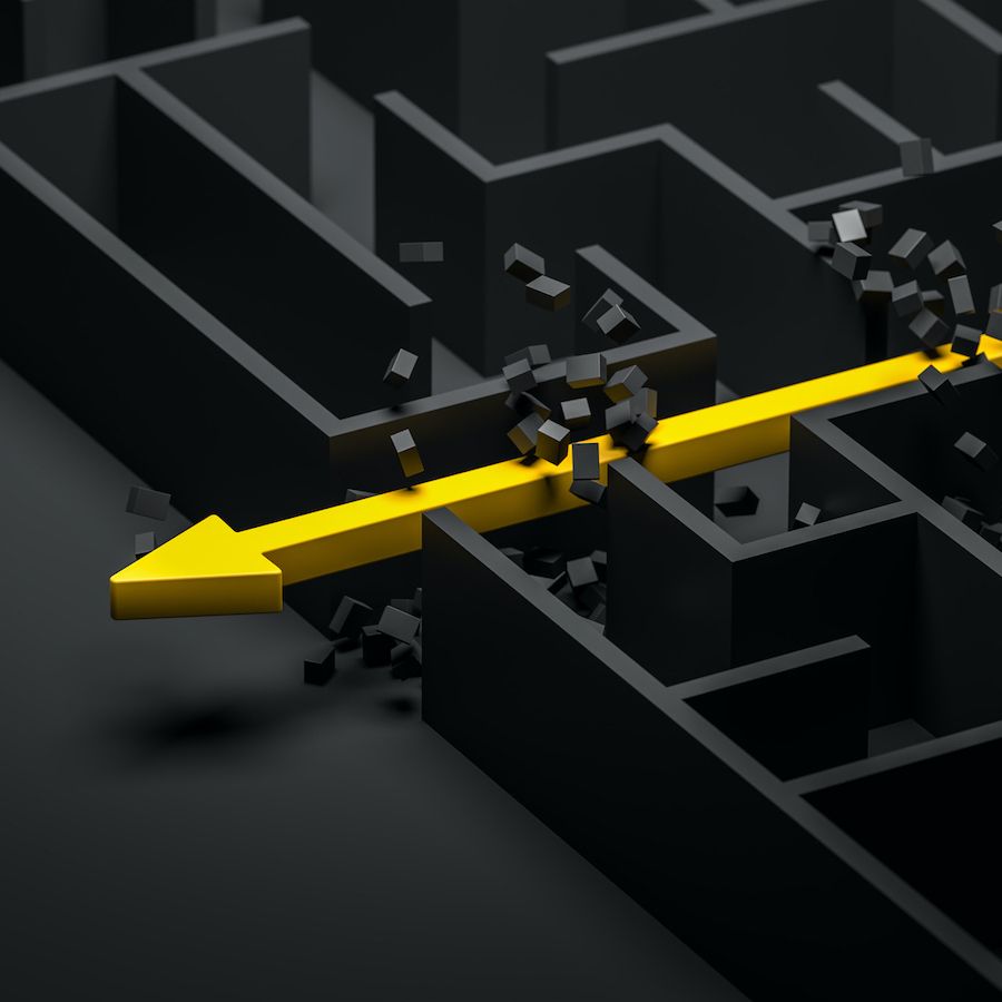 3d rendering: Concept - solving a complex problem. Brute force method: breaking through the brick wall. Black maze and floor with yellow solution path with arrow. Banner size.